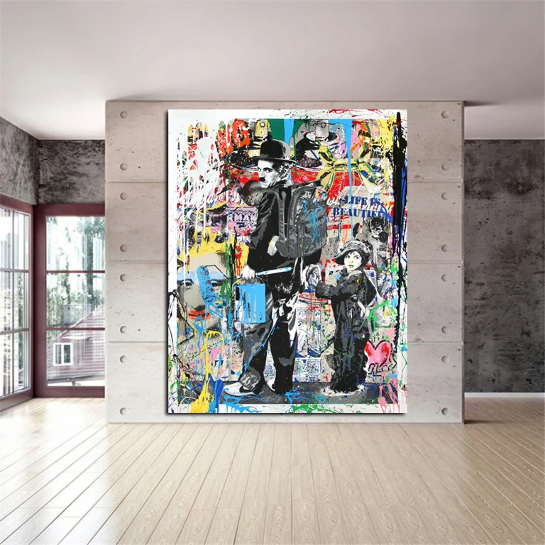 

MUTU DH Modern Canvas Painting Graffiti Art Prints Charlie Chaplin Oil Painting Modern Wall Arts and Prints Living Room Decor