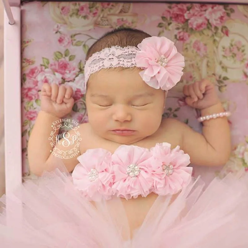 Розовая детская юбка-пачка с цветочным бюстгальтером; Топ и Кружевная повязка на голову; костюм для фотосессии для новорожденных девочек; фатиновая юбка-пачка; подарок для малышей; TS070