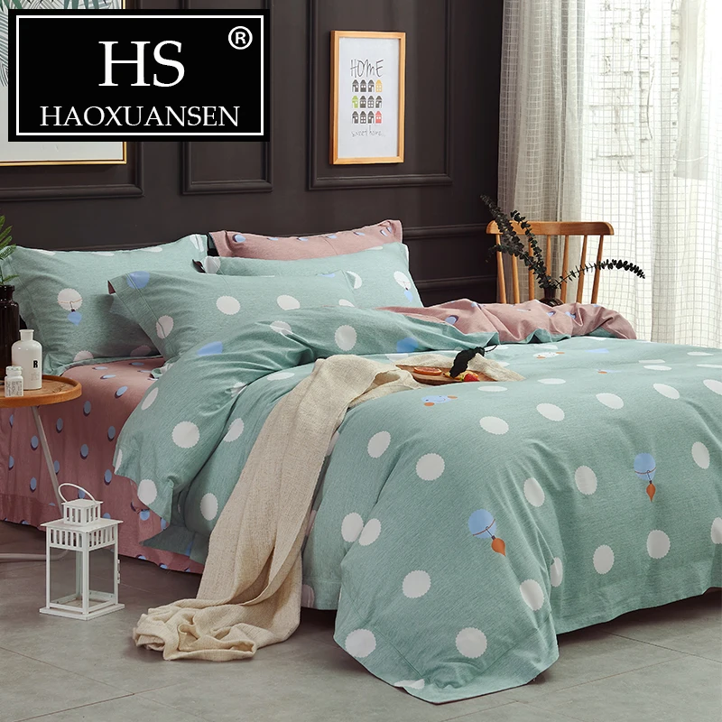 

60S Egyptian Cotton Satin Sanding Green 4pcs Bedding Sets White Wave Point Pattern Soft Warm Duvet Cover Set Queen King Size