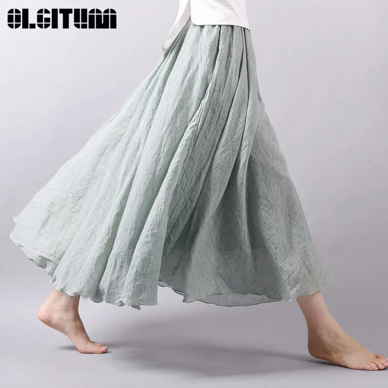 

OLGITUM 2019 Women Linen Cotton Long Skirts Folk Style Pleated Elastic Waist Maxi Skirt Beach Summer Big Swing Skirts Faldas