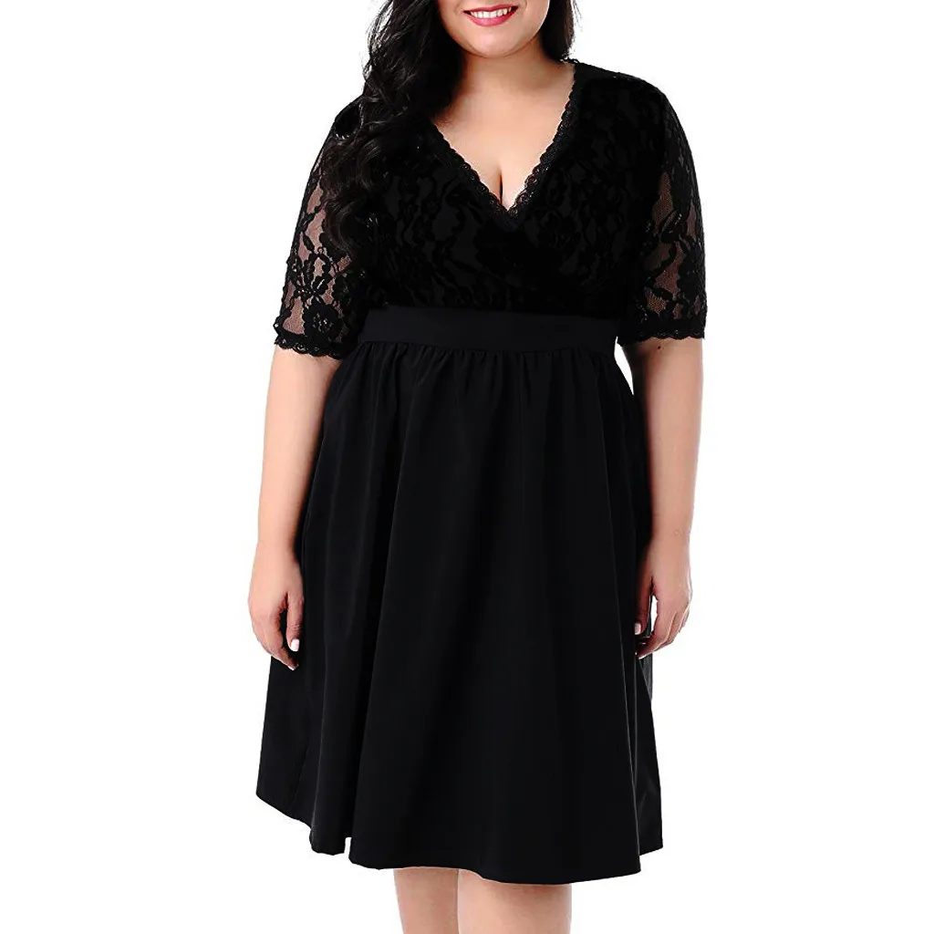 

2019 Large Size V-neck short-sleeved Sexy Lace Waist Dress Summer Outdoor Nightclub Party Sexy Elegant Dress Plus Size Sundress