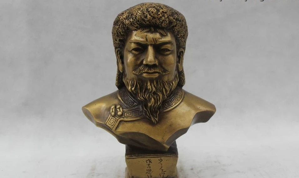 

9"Chinese Folk Pure Bronze excellent famous militarist Genghis Khan Statue