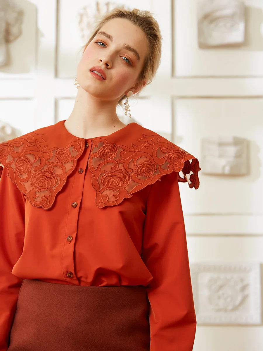 

LYNETTE'S CHINOISERIE Spring Autumn Original Design Women Elegant Vintage Orange Embroidery All-match Shirt