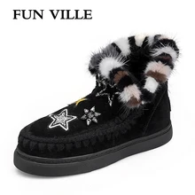 

FUN VILLE 2018 New Fashion Woman snow boots Cow Natural Suede Real Fur Wool Ankle boots warm Winter Boot Shoes for Women Flats