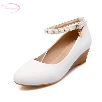 

Chainingyee ethnic party style comfortable round toe pumps fashion beading belt buckle black white pink med with women's shoes