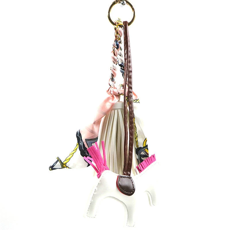Бренд шелковая лента бант-узел кожаный брелок для ключей с кисточкой Кожа PU лошадь брелок для ключей помпон брелок для женщин Шарм сумочка кулон подарок - Цвет: white
