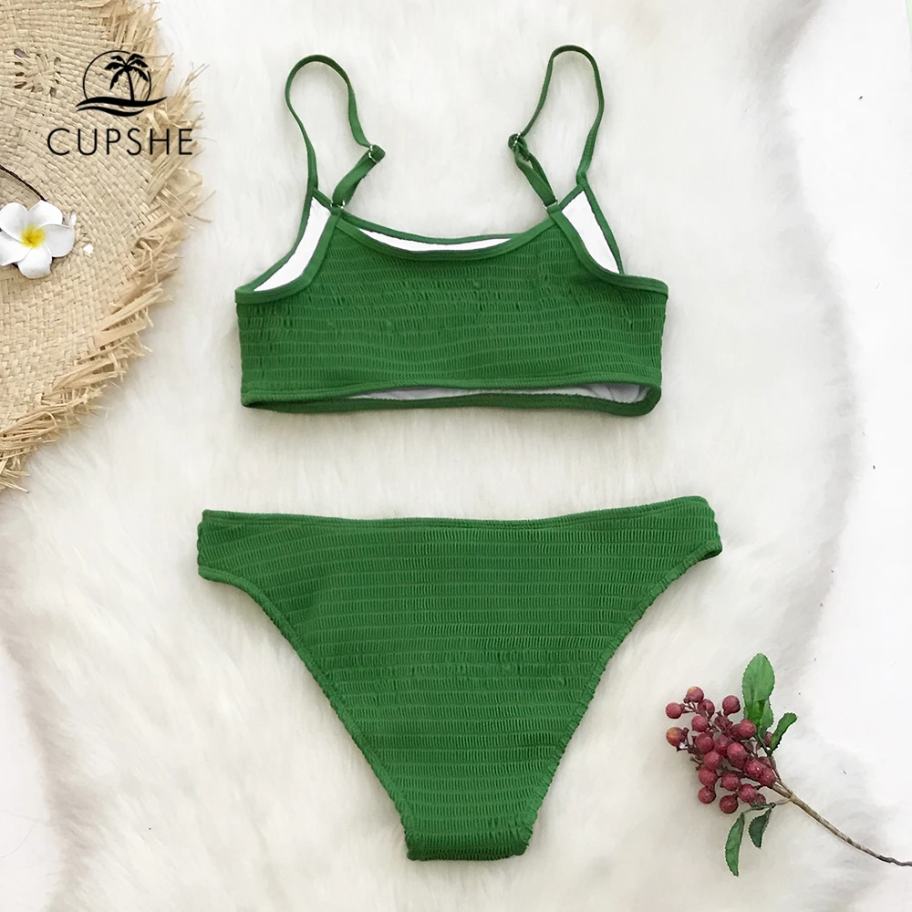 Kaufen CUPSHE Grün Raucher Bikini Sets Frauen Solide Zwei Stück Badeanzüge 2020 Mädchen Sexy Badeanzüge Bademode
