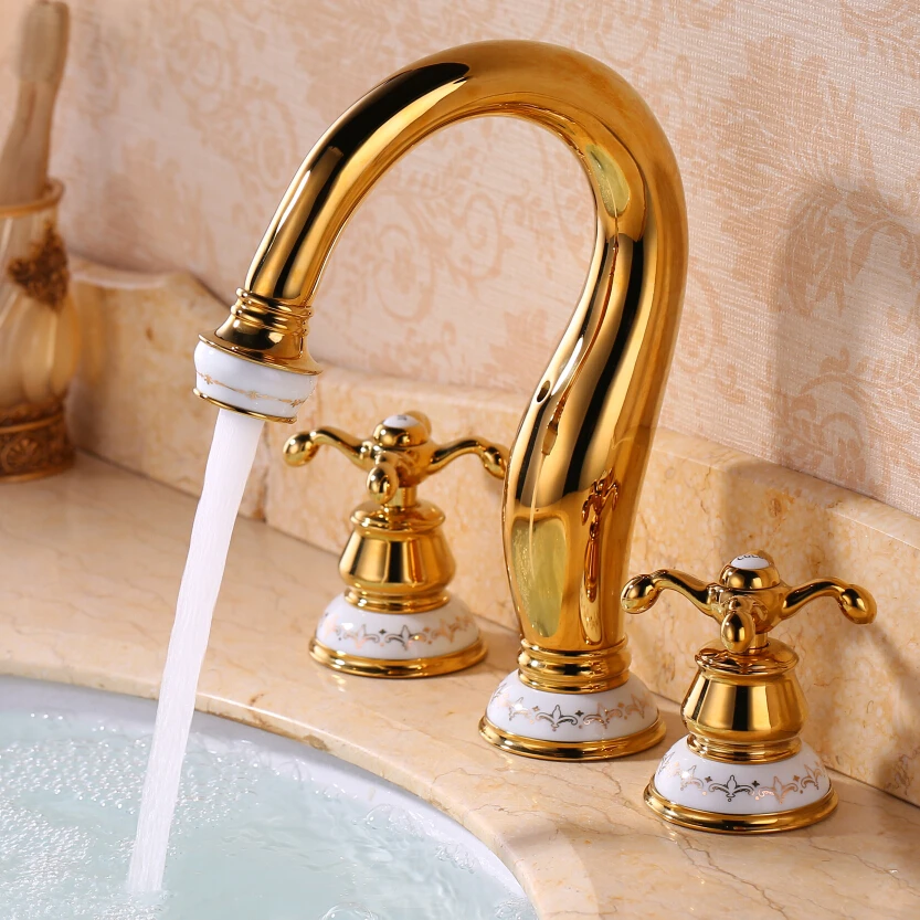 

European antique ceramic split three-hole basin mixer gold-plated vintage all-copper cold basin faucet audience