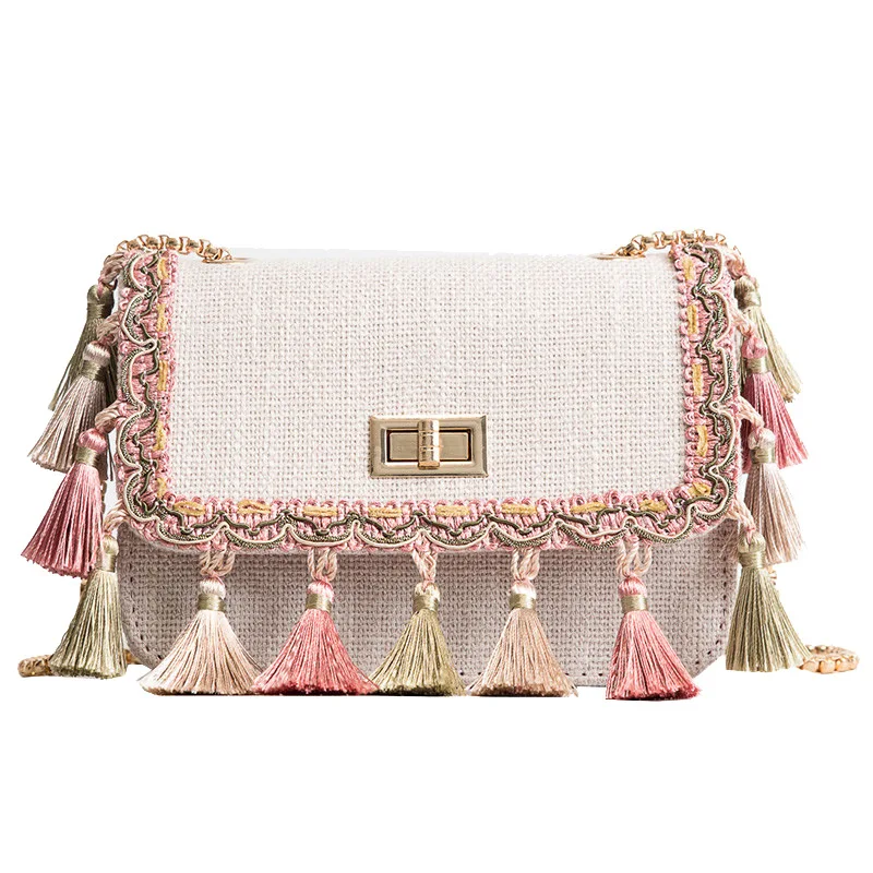 

women's new shoulder bag tassel small bag lady national style pink light color satchel crossbody chain bags