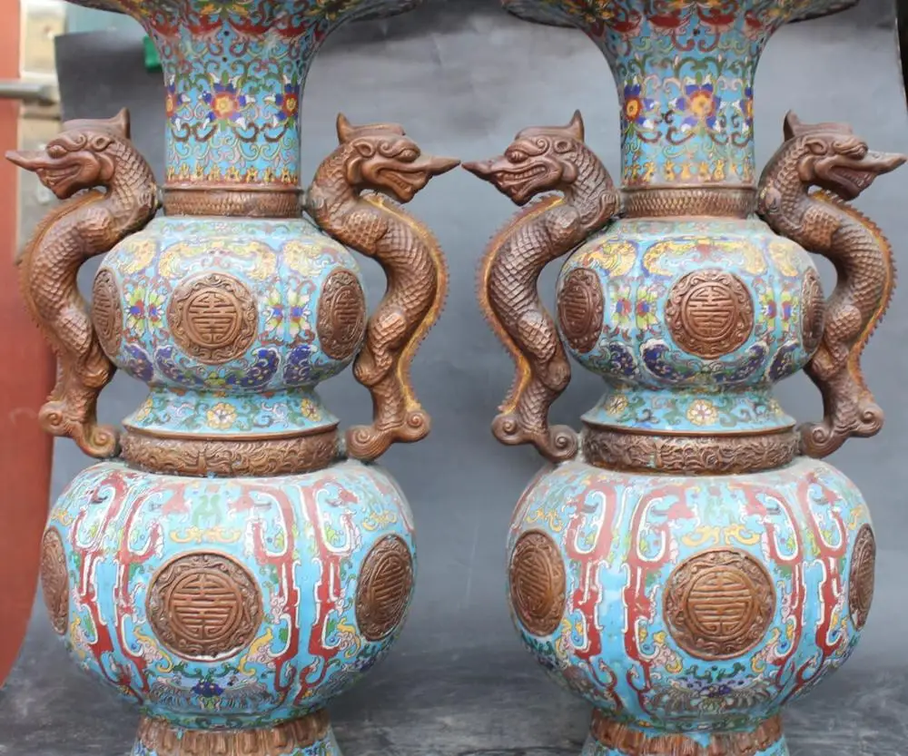 

Old Copper Bronze Dragon Dragons Handle Flower Cloisonne Enamel Vase Bottle Pair