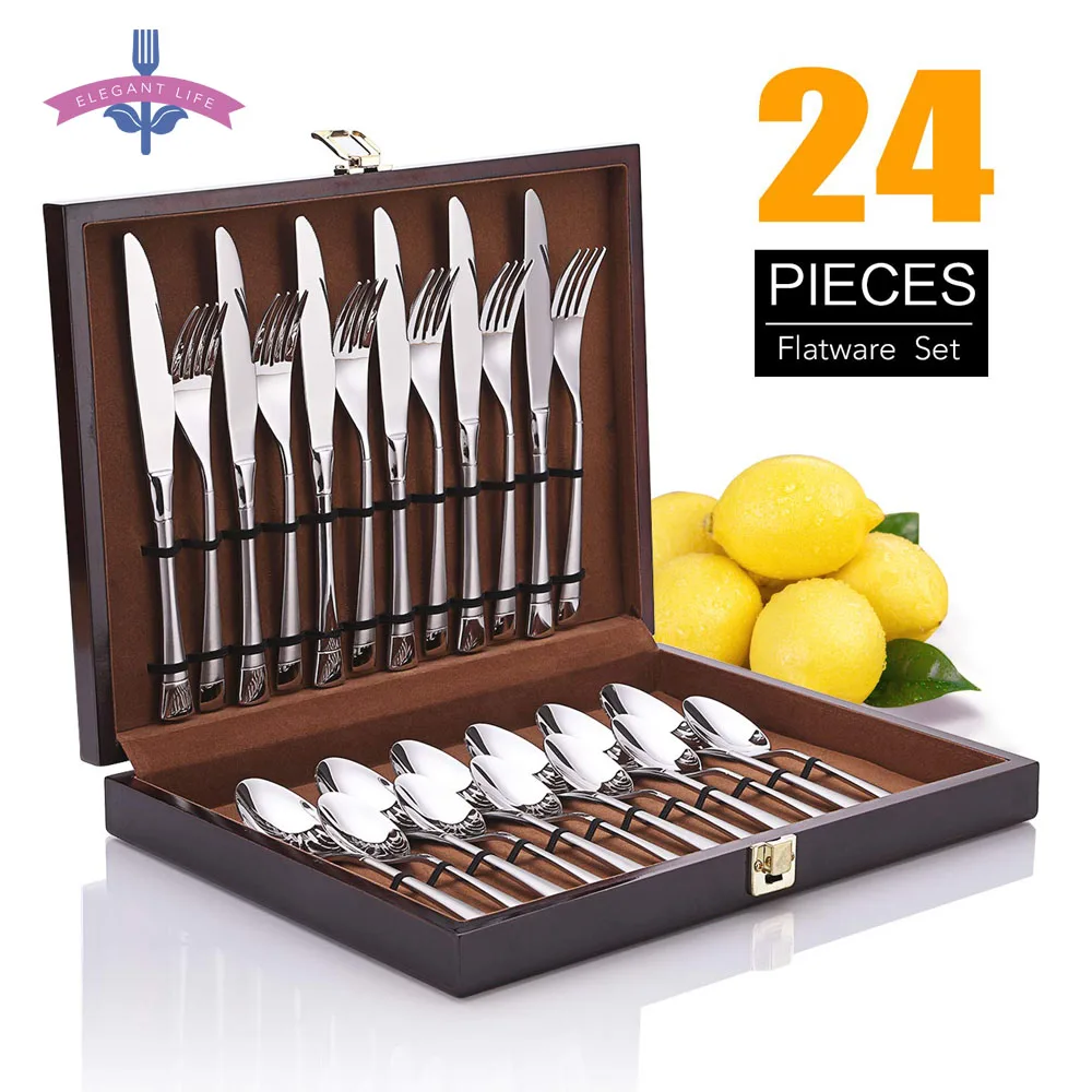 

4PCS Cutlery Flatware Set Matte Handle Stainless Steel Knife Fork Spoon Set Tableware Set Kitchen Home Party Wooden Gift Box