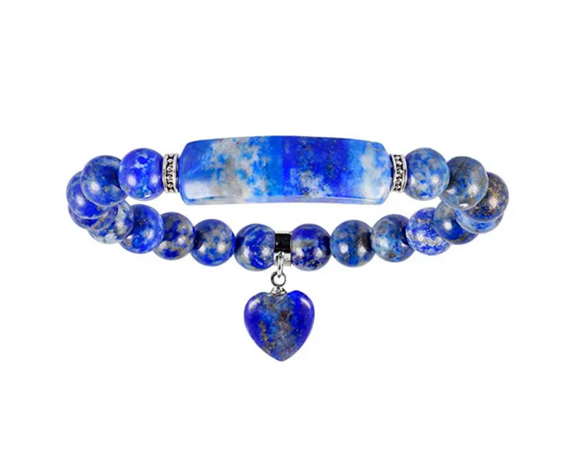 

FYJS Unique Anniversary Gift Silver Plated Love Heart Connect 8 mm Round Beads Lapis Lazuli Bracelet