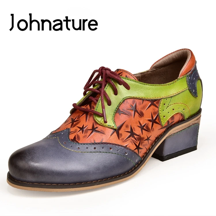 

Johnature Genuine Leather Round Toe Lace-up Casual Autumn/Winter Ethnic Totem Square Heel Retro Handmade Women Shoes Pumps