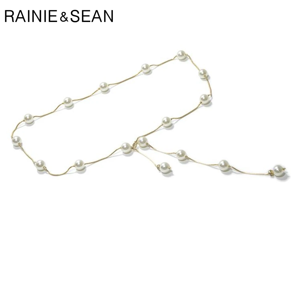 

RAINIE SEAN Metal Chain Belt Pearl Wedding Belts For Women Thin Dress Belt Fashion Brand 2020 New Gold Female Strap