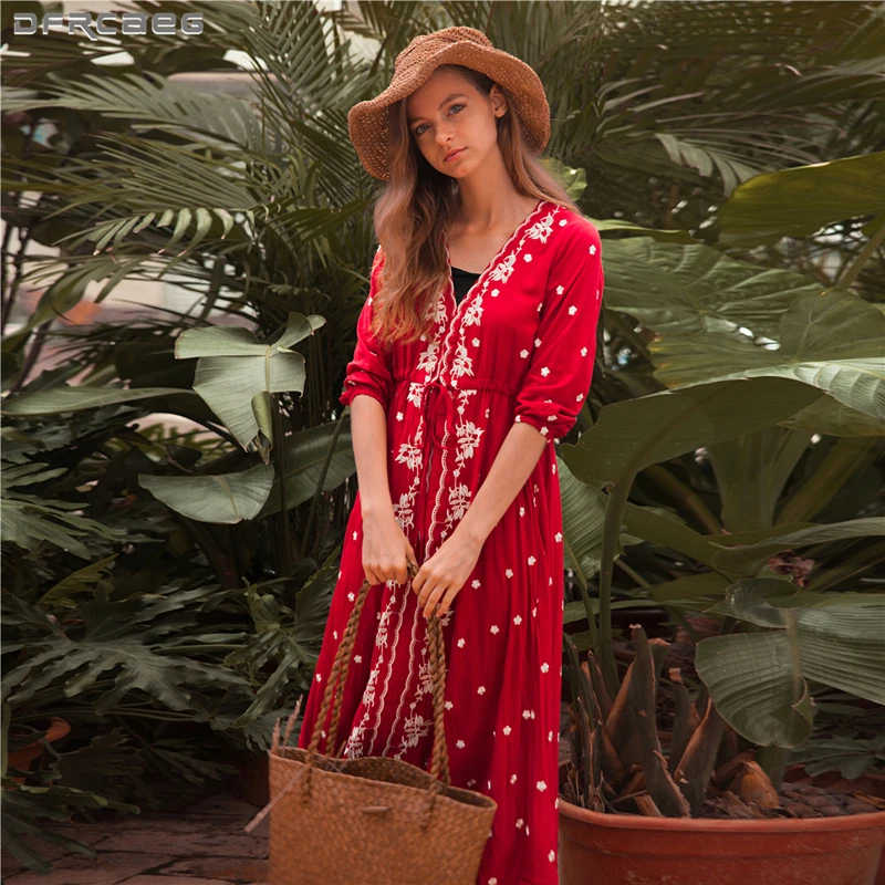

Big Sexy V Neck Floral Dress 2019 Embroidery Boho Ladies Dresses Elastic Waist Lace Up Long Dress High Quality Cotton Vestidos