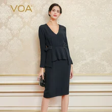 VOA Silk Navy Blue Women Work Dresses Sexy Straight Solid Sashes Knee-Length V-Neck Long Sleeves 2017 New Fashion Vestido A5345