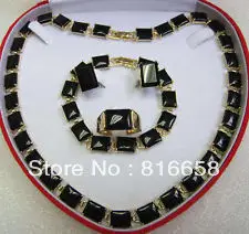 

FREE SHIPPING>>@> Free shipping@@Faddish Black jade Necklace~Earring~Ring~Bracelet SET + box Natural jewelry