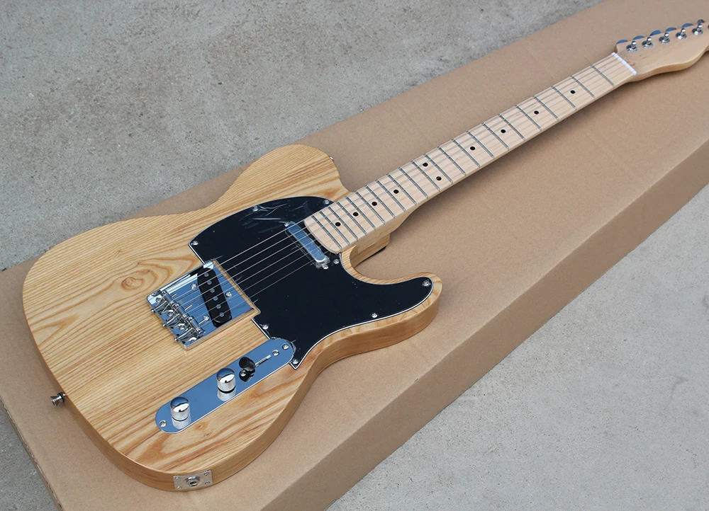 Natural Wood Color ASH Body Electric Guitar with Black Pickguard,Maple Fretboard,Chrome Hardware,offering customized services