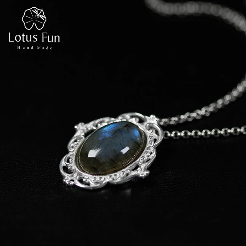 Lotus Fun Real 925 Sterling Silver Natural Labradorite Handmade Fine Jewelry Vintage Pendant without Necklace Women Acessorios