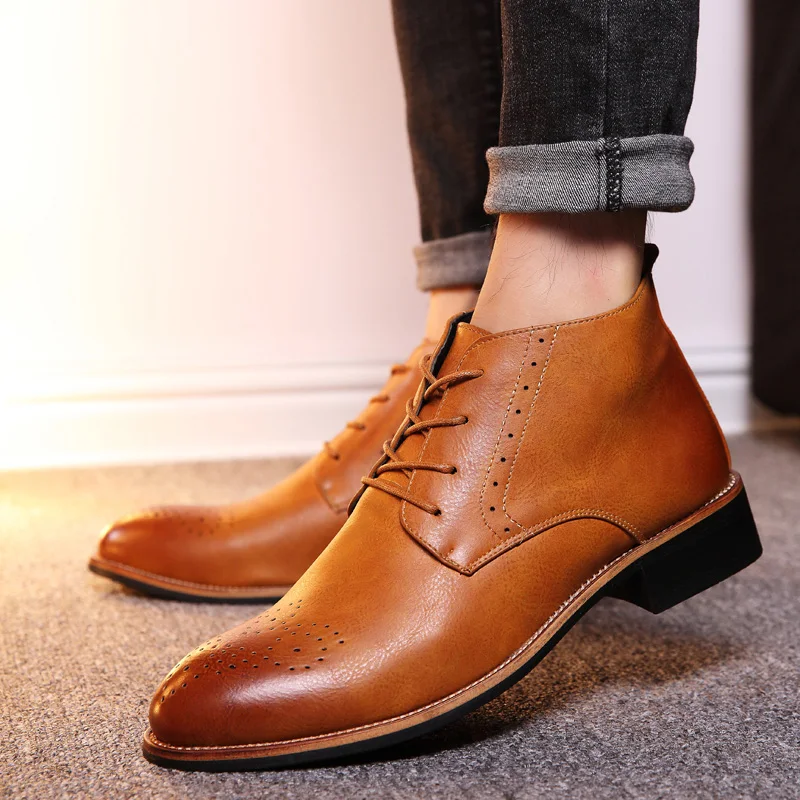 

Men Casual Shoes Boots Summer Split Leather 2018 High Top Shoes Men Fashion Men Boots Brogues Ankle Motorcycle Boots 5