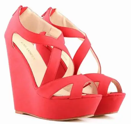Loslandifen/пикантные женские босоножки на высоком каблуке и платформе с перекрестными ремешками; большие размеры 35-42; женские летние босоножки из флока - Цвет: red dull polish