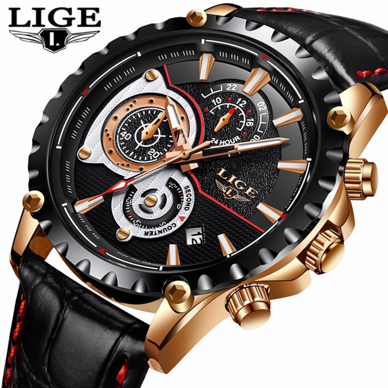 

Relogio Masculino LIGE Mens Watches Top Brand Luxury Quartz Gold Watch Men Casual Leather Military Waterproof Sport Wrist Watch