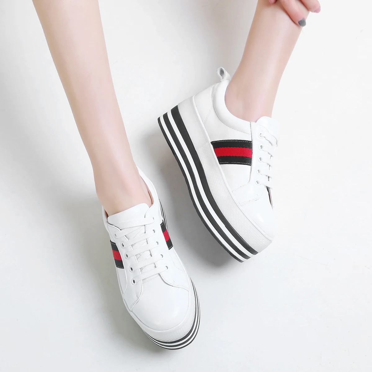 

2019 Spring Leather Platform Sneakers Lace Up Cowhide Comfortable Footwear 5.5cm