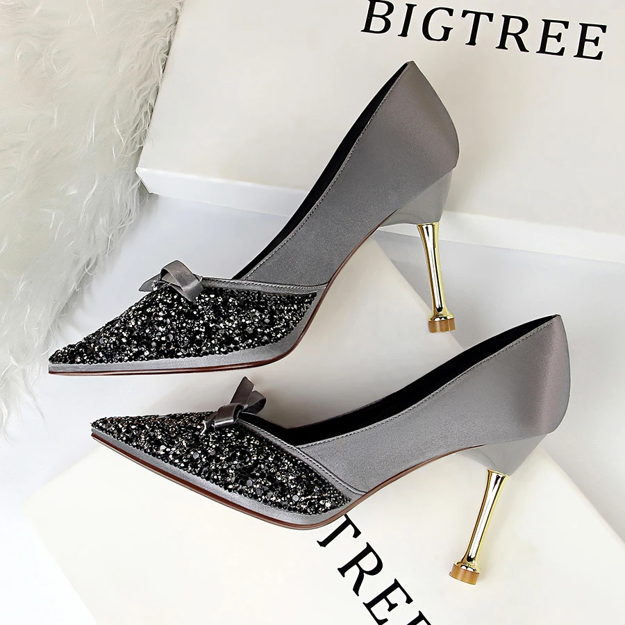 

Bigtree High Heels Women Dress Shoes Fashion White Wedding Shoes Rhinestone Heels Silk Bridal Shoes Red/Green/Black/Silver Heels