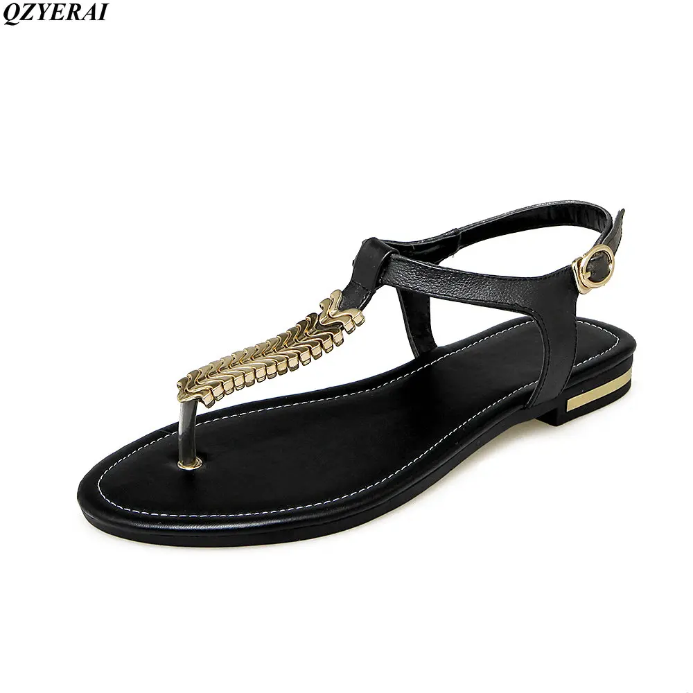 

QZYERAI 2018 new arrival sexy women's sandals 100% cowhide comfortable metal pieces women shoes one-word sandals size 34-43