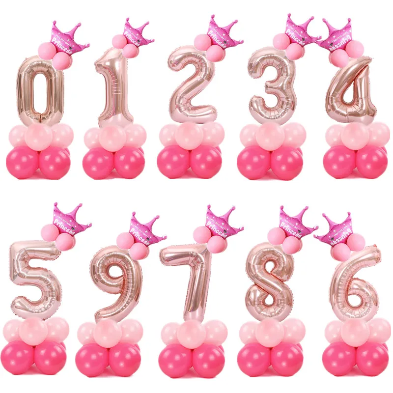 

30inch rose gold number balloons birthday party decorations kids/adult princess prince 1st birthday crown ballons column balloon