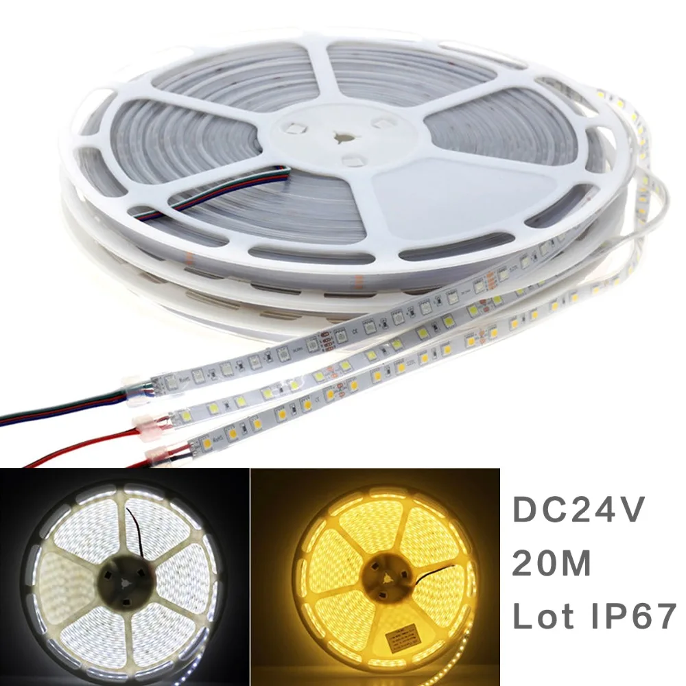 

DC 24V 20m Led Strip Light Waterproof 5050 24 V volt Waterproof IP67 1200led White Warm White RGB Flexible Tape Led Strip Lamp