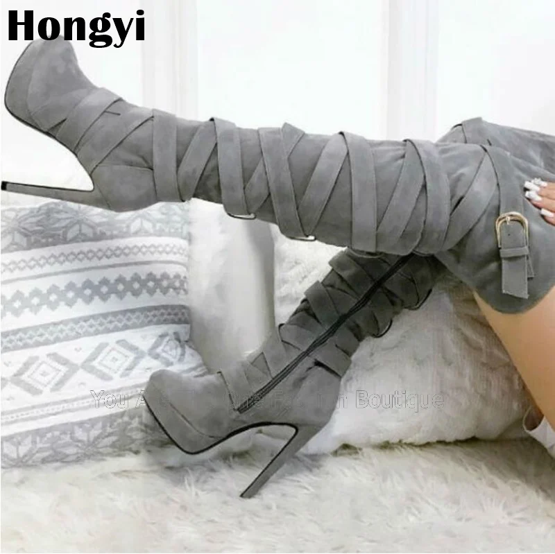 

Amazing thigh high suede boots round toe platform cushion high heel buckle strap over the knee grey boots women winter shoes