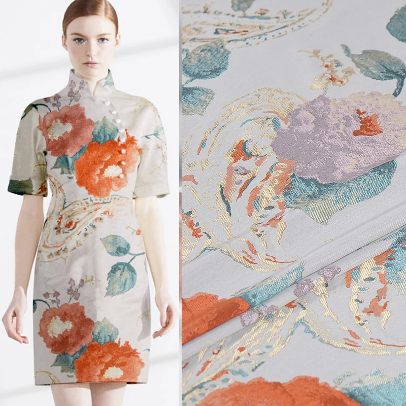 

150CM Wide 680G/M Weight Orange Floral Jacquard Acrylic Polyester Brocade Fabric for Spring and Autumn Dress Shirt Jacket J094
