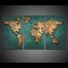 3 paneles HD lona estampada artística mapa del mundo lienzo pintura Vintage continente pared imágenes para sala de estar guardería arte de pared