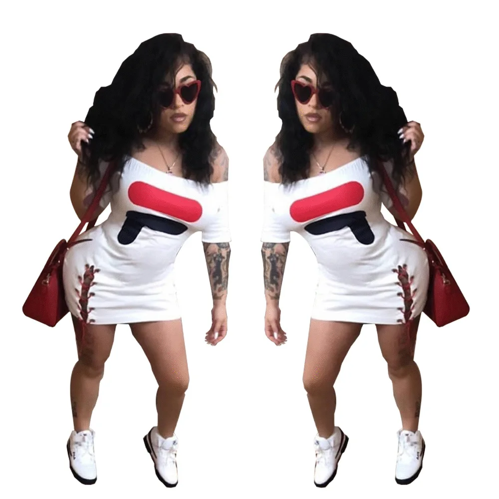 

Sexy Bodycon Dress Women Off the Shoulder Letter Printed Package Hip Dress Summer Slash Neck Short Sleeve Mini Bandage Dress