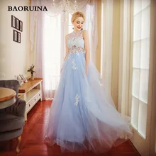 

BAORUINA Party Evening Dress for Woman Scoop A-Line Decorated with Flower Tulle Blue Prom Dress for Graduation vestido de festa