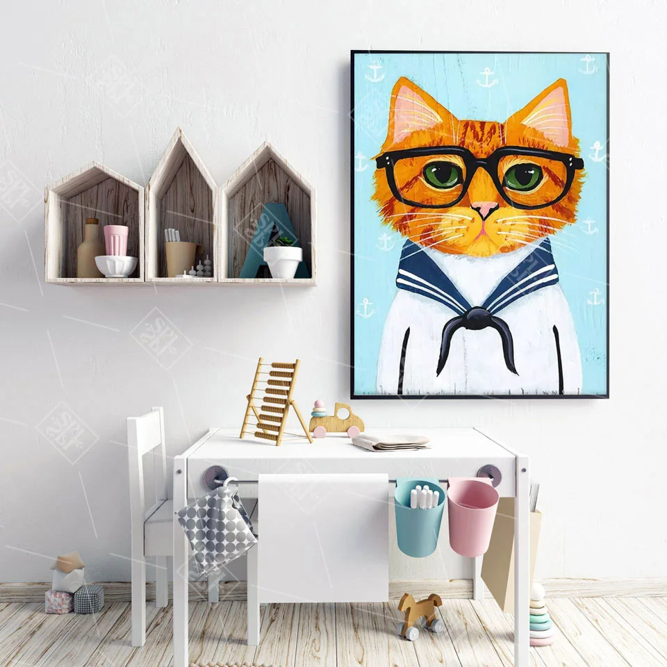 Cute Cartoon Posters and Print Navy Suit Glasses Cat Canvas Painting Nordic Style Kids Room Decor Wall Art Picture No Frame | Дом и сад
