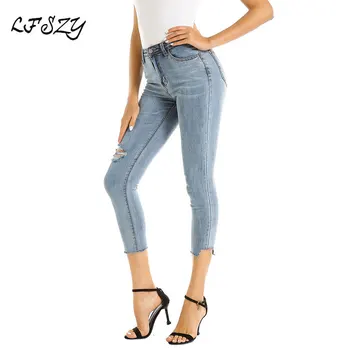 

Women's Hole Jeans Women's 2019 New Stretch Washed Slim Jeans Women's Blue Cropped Pants Feet Pants More Size S-XL