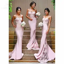 Розовый 2019 платье подружки невесты в стиле русалки с кружевными аппликациями Кнопка спагетти бретели для нижнего белья Свадебные платья