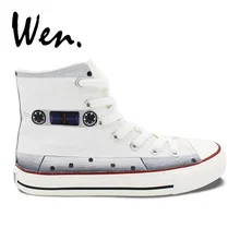Вэнь белые туфли Скейтбординг ручной росписью обувь Дизайн Пользовательские ленты Для мужчин Для женщин высокие холщовые кроссовки рождественские подарки