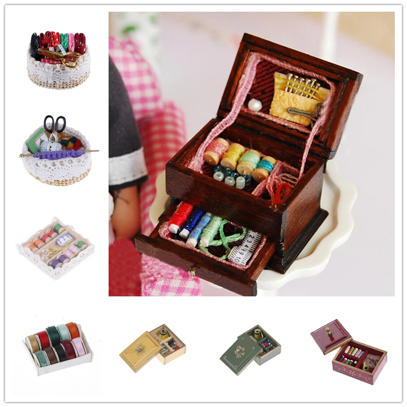 Caja de Kit de costura Costura Aguja Vintage 1:12 Casa de Muñecas en Miniatura Mini Decoración EA 