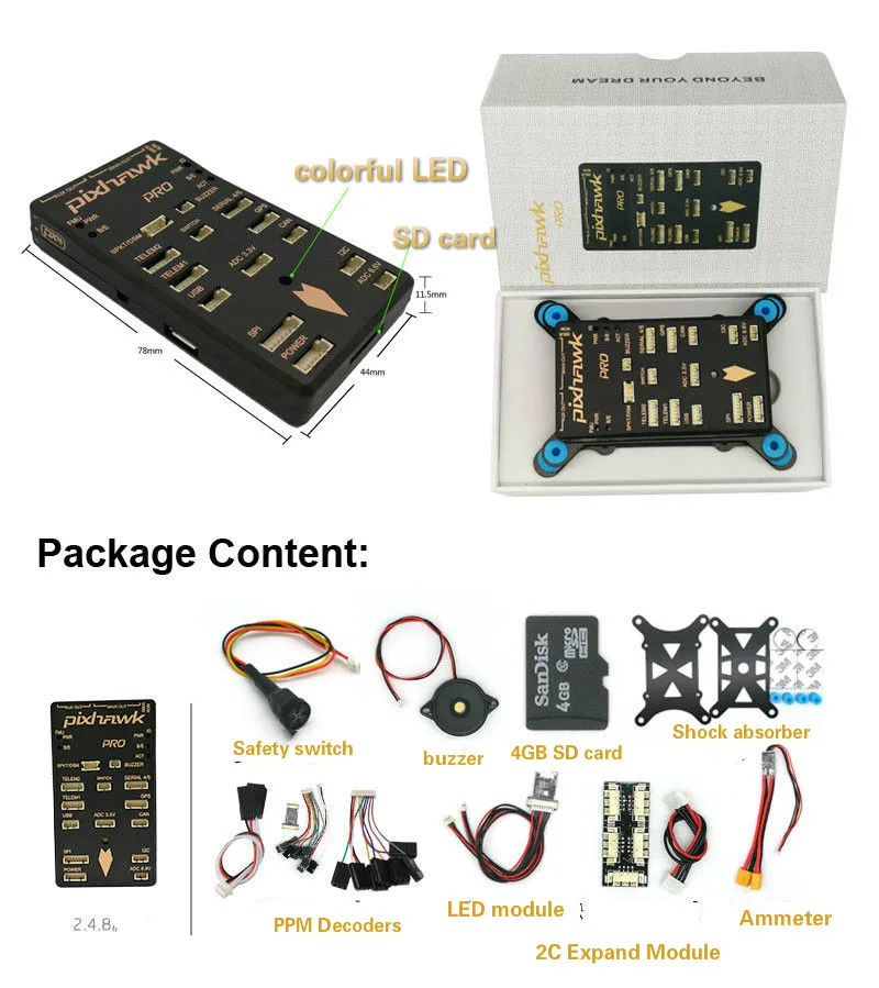 

Autopilot pixhawk 2.4.8 px4 32 Bit Flight Controller with Safety Switch /Buzzer/ SD/Splitter Expand Module
