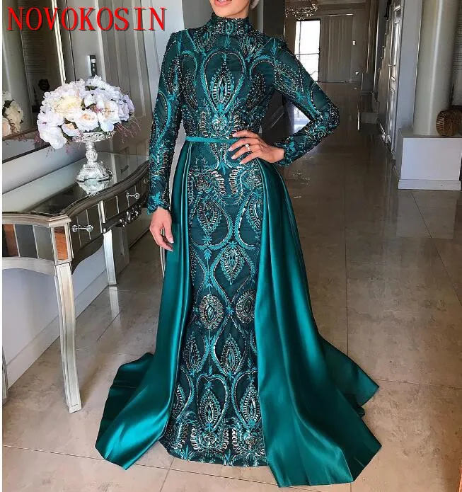 

2019 Satin Long Sleeves Mermaid Muslim Evening Dresses With Detachable Train Beading Crystal Moroccan Arabic Formal Party Gown