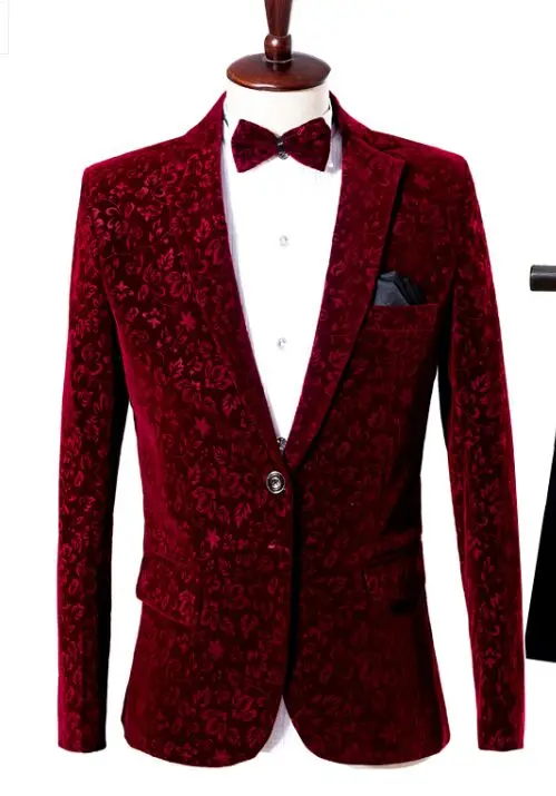 Free ship mens wine red european flower pattern suit tuxedo jacket/stage performance/stuido jacket with bowtie | Мужская одежда