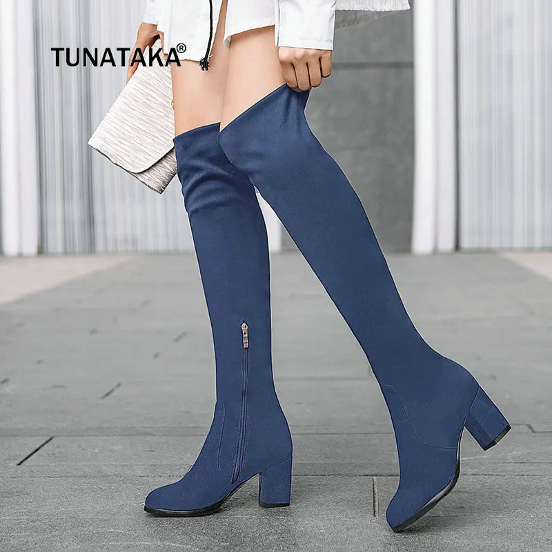 

Ladies Flock Comfort Square Heel Knee High Boots Fashion Side Zipper Round Toe Women Fall Winter Boots Black Blue Leopard