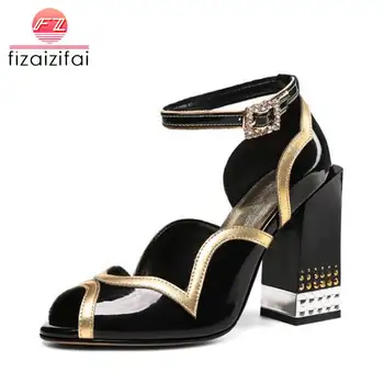 

Coolcept Women High Heel Sandals Ankle Strap Square Heel Mixed Color Real Leather Women Summer Shoes Footwear Size 34-43
