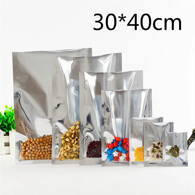 

30*40cm 50Pcs/Lot Open Top Silver Aluminium Foil Clear Plastic Pack Bag Vacuum Pouches Heat Seal Bag Food Storage Packaging Bags