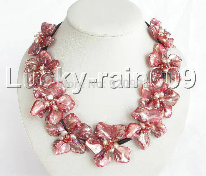 

Wholesale Free P&P****handmade red shell flower pearls leather Choker necklace ##a #a