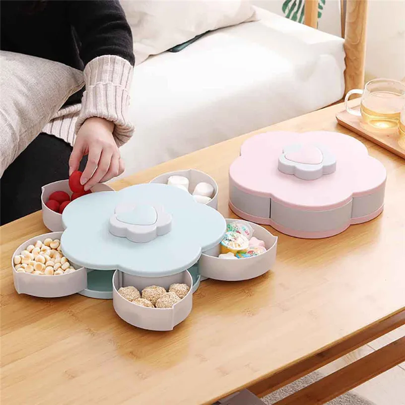 

Food Storage Box Petal-Shape Rotating Snack Box Candy Tray Wedding Candy Plates Double-deck Dried Fruit Organizer Storage J09