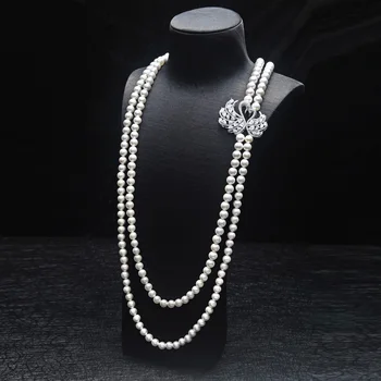 

design double swan white freshwater pearl long sweater chain necklace fashion jewelry